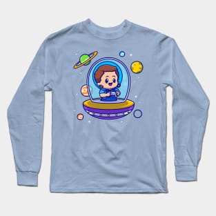 Cute Boy Astronaut Playing Game In Ufo Cartoon Long Sleeve T-Shirt